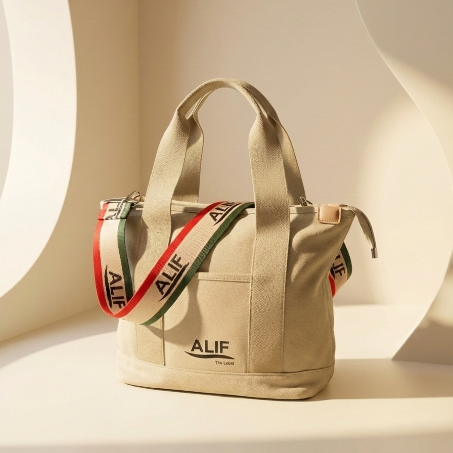 Beige all day carryall with a Alif strap on a light background