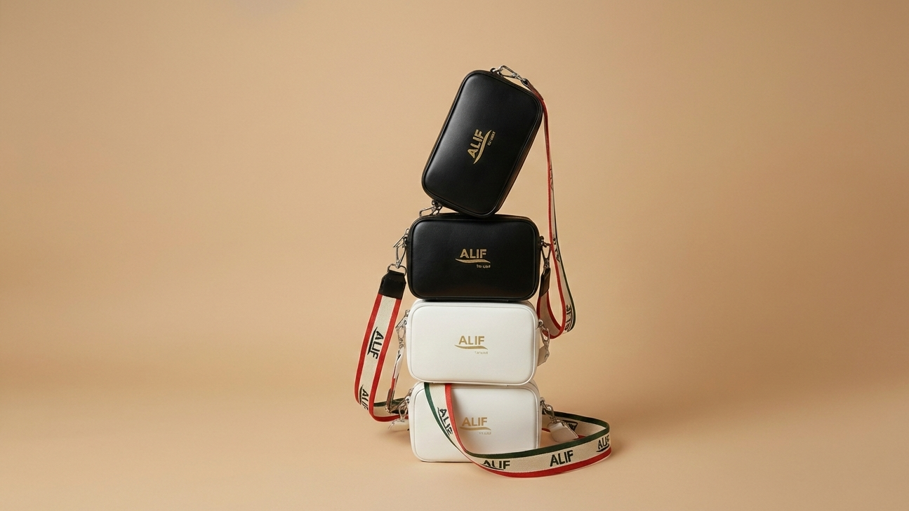 Stack of black and white downtown sling  with visible branding on a beige background