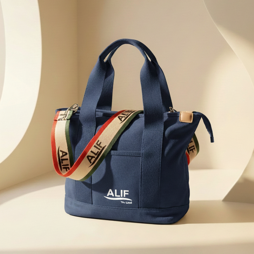 Navy tote bag with a Alif branded strap featuring 'ALIF' branding on a beige background.