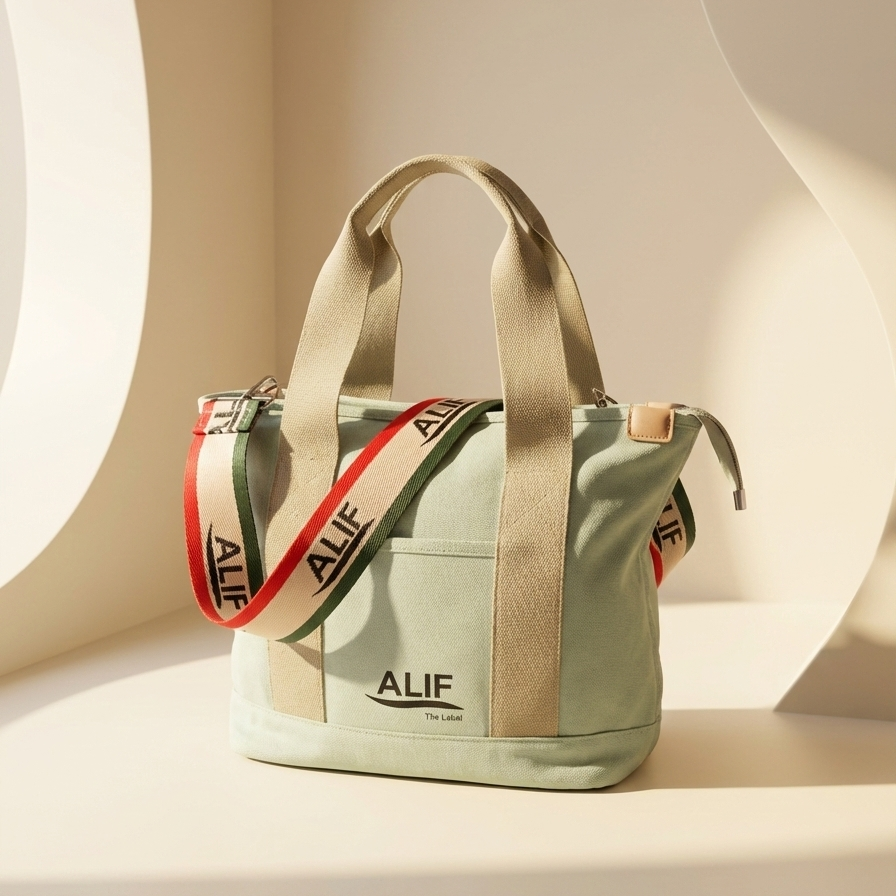 pistachio all day carry all handbag with beige straps and 'ALIF' branding on a neutral background